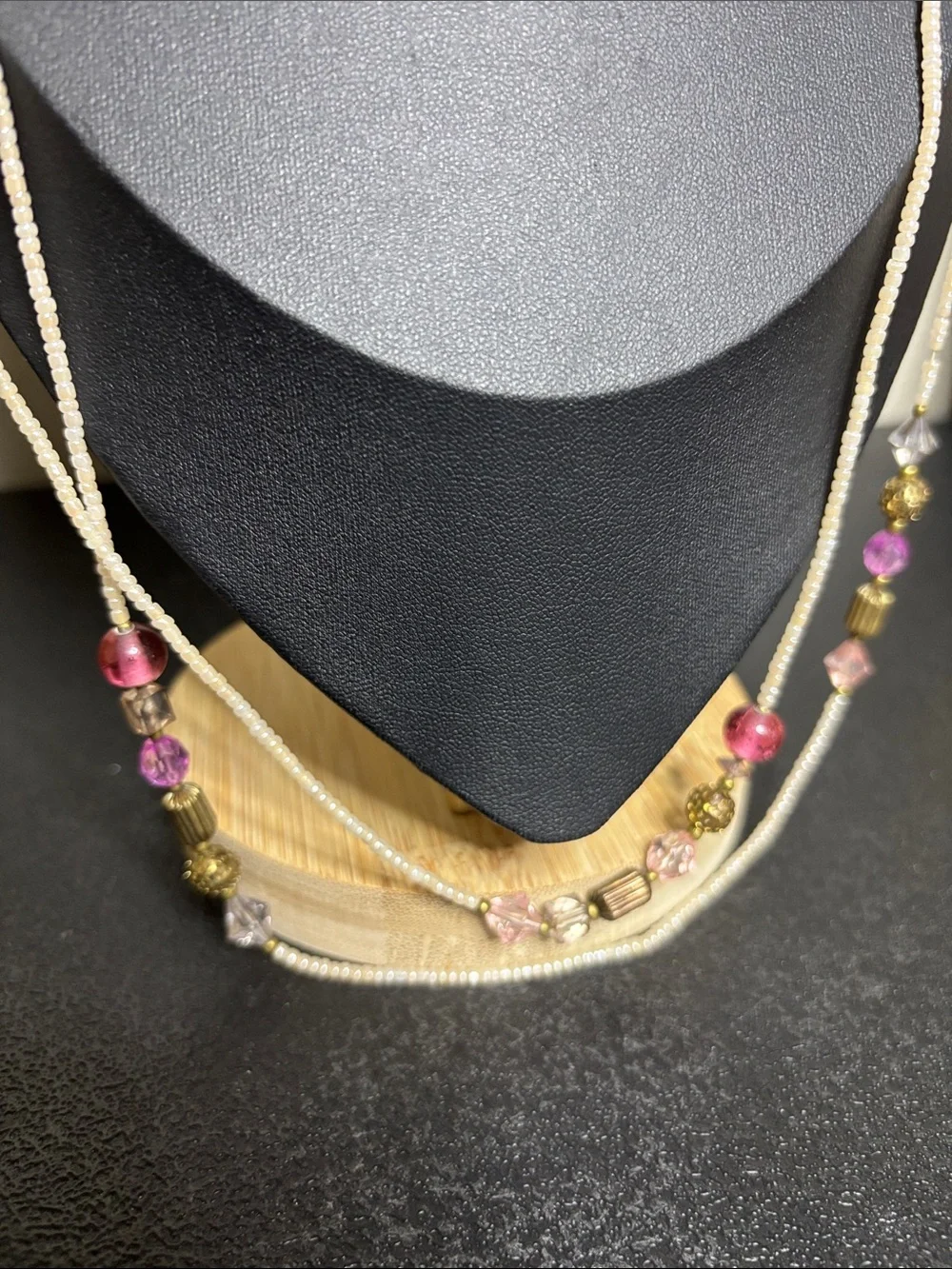 Cream Multicolor Beaded Layered Long Necklace Glass Acrylic Boho Beach